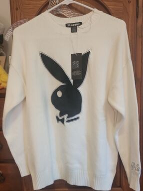 PLAYBOY White Crewneck Sweater with Black Bunny Patch